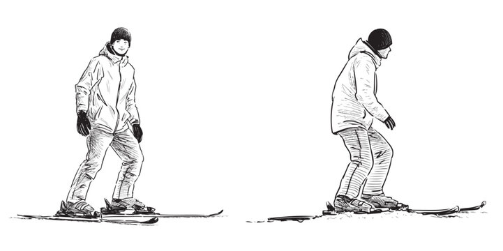 Two cheerful teenagers students skiing on winter day, realistic sketch, vector, hand drawn illustration