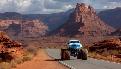 A blue monster truck drives a desert road, past red rock formations.