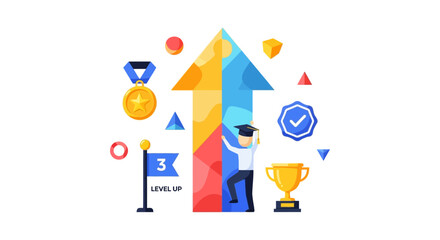 Obraz premium Education and Career Growth Illustration: Student Climbing Achievement Arrow to Level Up Success