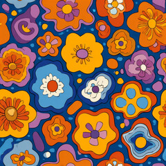 Fototapeta premium A vibrant abstract pattern featuring colorful flowers with shades of orange, blue, purple, and yellow on a dark blue background, creating a playful atmosphere.