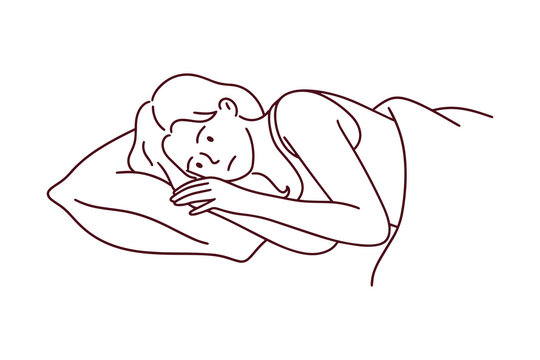 Girl lying awake in bed overthinking life, work, and money. Line art of insomnia, nightmares, and Mental Health struggles for an adult coloring book about stress relief.