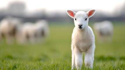 Obraz premium A cute lamb stands gracefully in a lush green field. The sunlit landscape highlights its soft wool and playful nature. A perfect image for animal lovers or nature enthusiasts. AI