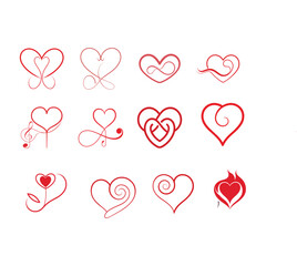 Collection of playful and decorative red hearts and love symbols on a neutral background