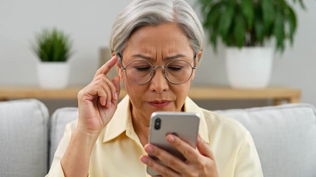 Senior woman sitting on a couch looking at her smartphone with a puzzled expression on her face