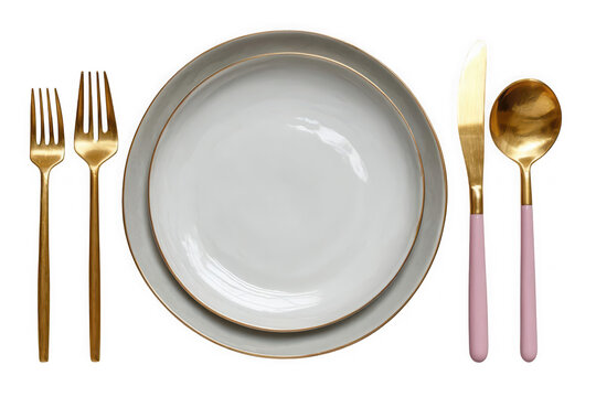 Elegant golden cutlery and white plates set for a formal dining experience isolated on transparent background