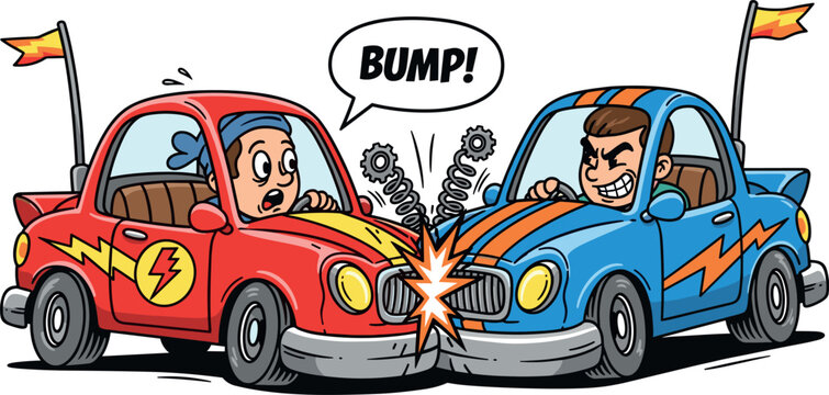 Cartoon cars crash into each other with speech bubble