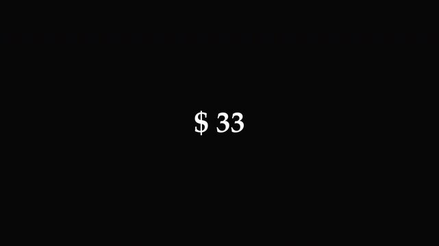 Fifty dollar counting animation from zero to fifty on a transparent background, zero to fifty dollar money counter animation with alpha channel in 4k.