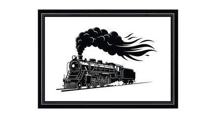 A vintage steam locomotive depicted in a striking black silhouette emitting plumes of smoke silhouette high quality professional © AL-AMIN