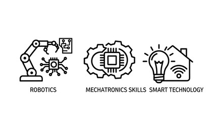 Icons for modern technology: robotic arm for robotics, CPU chip in gear for mechatronics skills, and smart home with lightbulb and Wi-Fi.