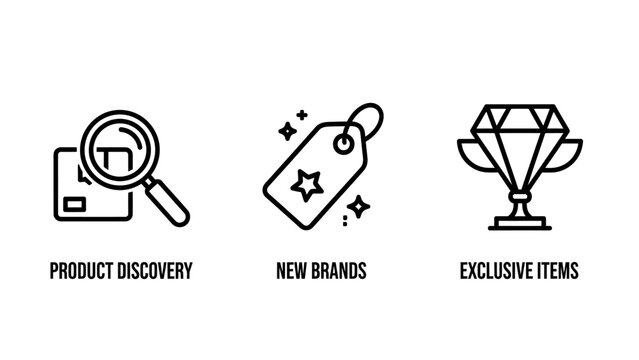 Icons for retail and e-commerce: product discovery with magnifying glass, new brands with star tag, and exclusive items with trophy.
