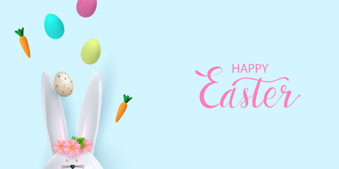 Easter poster with a ceramic bunny, flowers, and patterned flying Easter eggs. Easter greetings and gifts. Template for Easter advertising and shopping. Vector.