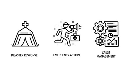 Fototapeta premium Critical crisis management and emergency response icons for disaster preparedness, humanitarian aid, urgent action, and strategic planning.