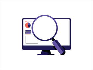 Magnifying glass examining computer screen with analytics and charts displayed