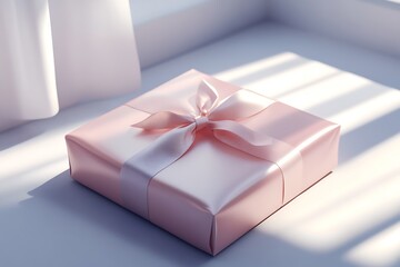 A realistic celebration gift enclosed in glossy wrapping resting upon white surface.
