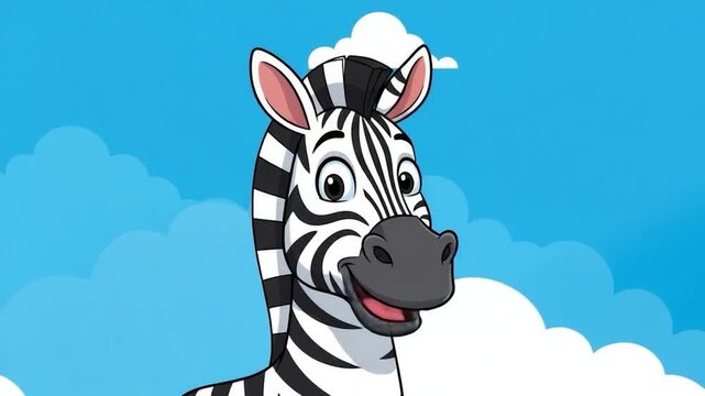 Happy Zebra Portrait in the Clouds: A cheerful zebra stands tall against a backdrop of fluffy clouds and blue sky, with a friendly grin and captivating eye.