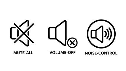 Fototapeta premium Essential audio control icons representing mute functions, volume off settings, and active noise control for user interface design and sound management.