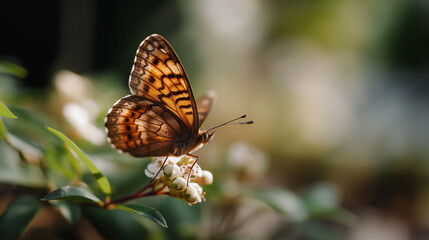 Obraz premium Macro Butterfly on White Spring Blossoms with Soft Bokeh, Ultra-realistic macro of an orange-brown butterfly resting on white blossoms in warm natural light with creamy bokeh.