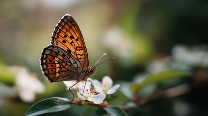 Obraz premium Macro Butterfly on White Spring Blossoms with Soft Bokeh, Ultra-realistic macro of an orange-brown butterfly resting on white blossoms in warm natural light with creamy bokeh.
