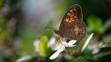 Macro Butterfly on White Spring Blossoms with Soft Bokeh, Ultra-realistic macro of an orange-brown butterfly resting on white blossoms in warm natural light with creamy bokeh.