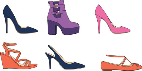 Women shoes collection high heels boots wedges and flats isolated vector illustration fashion footwear design elegant style concept