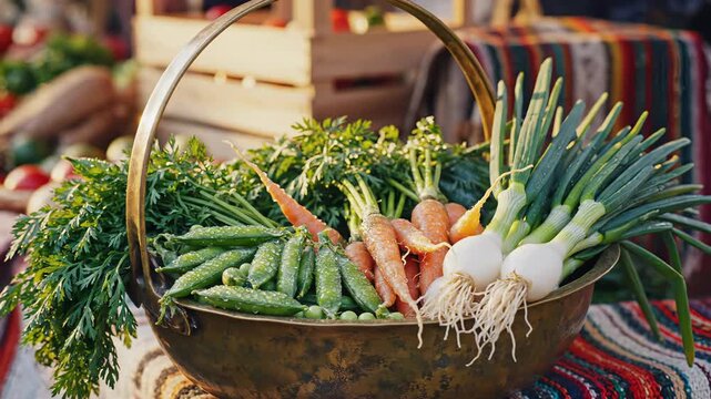 Fresh Garden Vegetables In An Ornate Brass Basket With Colorful Textiles