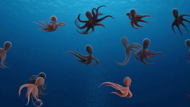 Collection of various octopuses swimming in blue water, graphic illustration