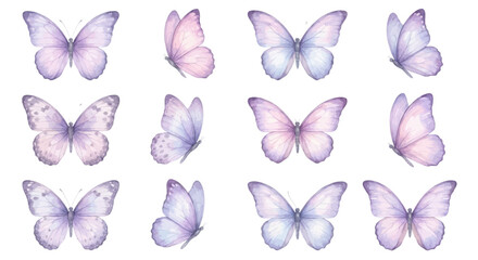 A charming watercolor collection of pastel butterflies, featuring delicate lavender wings, soft pink gradients, gentle veining, and airy symmetrical poses © liana