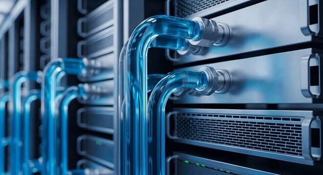 Liquid cooling pipes connected to server rack data center infrastructure 3D render