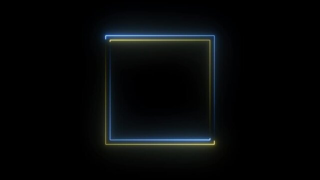 Neon rectangle frame icon animation on black background. rectangular frame made of two moving neon lights overlay. Rectangle photo frame with blue and goold color motion graphic.