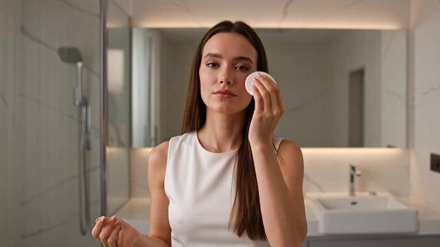 Woman in bathroom applying makeup remover with cotton pad on face