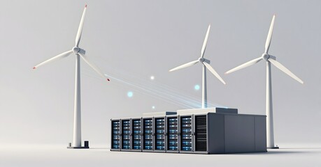 Green energy wind turbines powering data center server racks concept