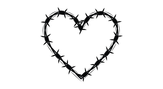A stark black heart shape meticulously crafted from barbed wire representing painful love silhouette high quality professional