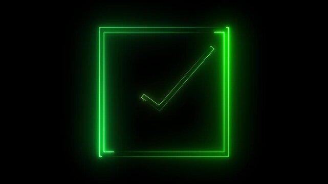 glowing neon green color tick mark sign sample motion background video for mobile Glowing green checkmark inside a rectangel animated on a black background. 4k vedio