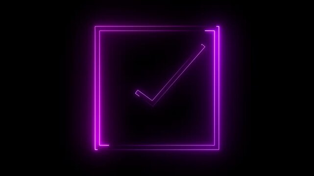 glowing neon pink color tick mark sign sample motion background video for mobile Glowing pink checkmark inside a rectangel animated on a black background. 4k vedio