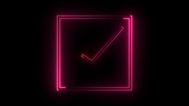 glowing neon red color tick mark sign sample motion background video for mobile Glowing red checkmark inside a rectangel animated on a black background. 4k vedio