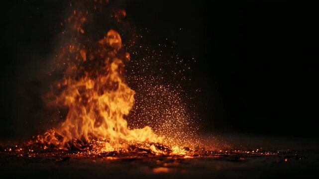 A large fire with flames and sparks flying everywhere at night