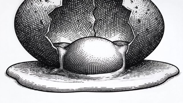 Detailed black and white illustration of a cracked walnut shell with a walnut inside.