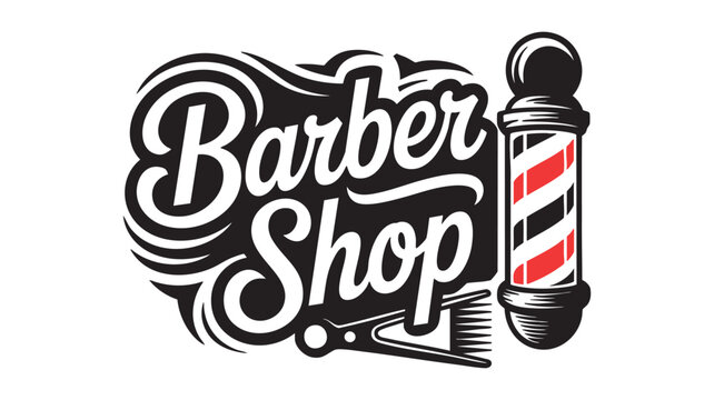 Vintage barber shop logo featuring classic barber pole and stylized text