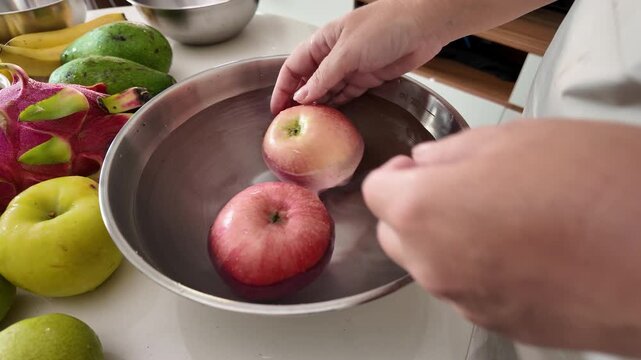 Close up of a woman's hands, standing in front of a table with fruit and washing red apples