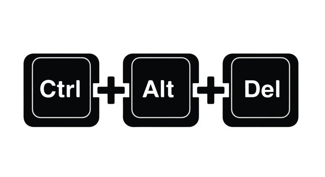 Graphic illustration of Ctrl, Alt, and Del keyboard keys on a white background, with a minimalist design.