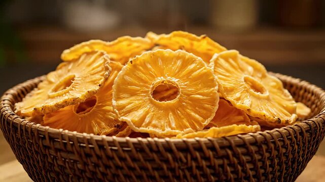 A wicker basket holds a pile of golden dried pineapple slices