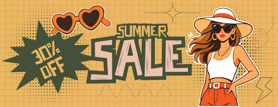 Retro vintage pop art comic style halftone collage summer holiday vacation banner Summer sale banner with stylish woman, heart sunglasses, and summer sale discount social media cover, banner design