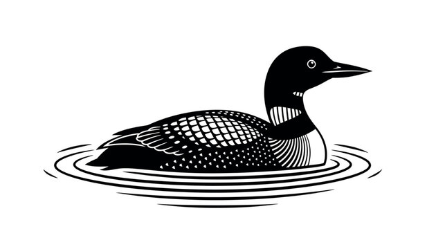 A black and white illustration of a loon swimming in water with ripples