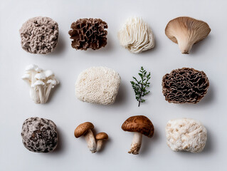 grid layout of different edible mushrooms neatly arranged on a white background