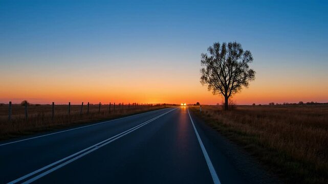 A serene rural road stretches into the distance at sunset with a tree on the right side