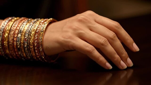 A hand is adorned with a stack of ornate bangles