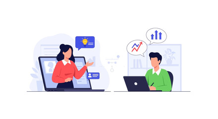 Online Business Coaching and E-learning Illustration. Remote mentor teaches student strategy for growth and innovation via video call.