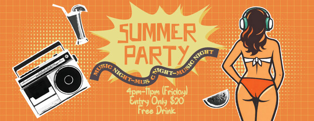 Retro vintage pop art comic style halftone collage summer holiday vacation banner Summer party music night with woman in bikini, boombox, and Summer Beach party retro vintage banner template design © Nusrat