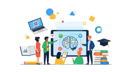 Collaborative Digital Learning and E-Learning Concept. Team Brainstorming, Knowledge Transfer, and Education Technology Illustration.