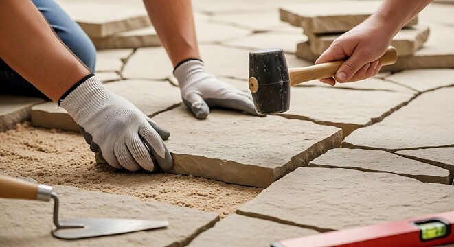 Craftsmen installing a stone paver patio, creating an outdoor space